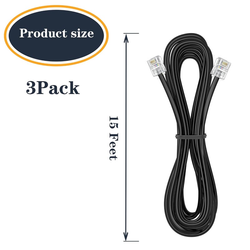 Ubramac 3Pack Phone Telephone Extension Cord 15FT Cable Line with Standard RJ11 6P4C Plugs for Landline Phone and Fax (15F, Black,) - Image 2